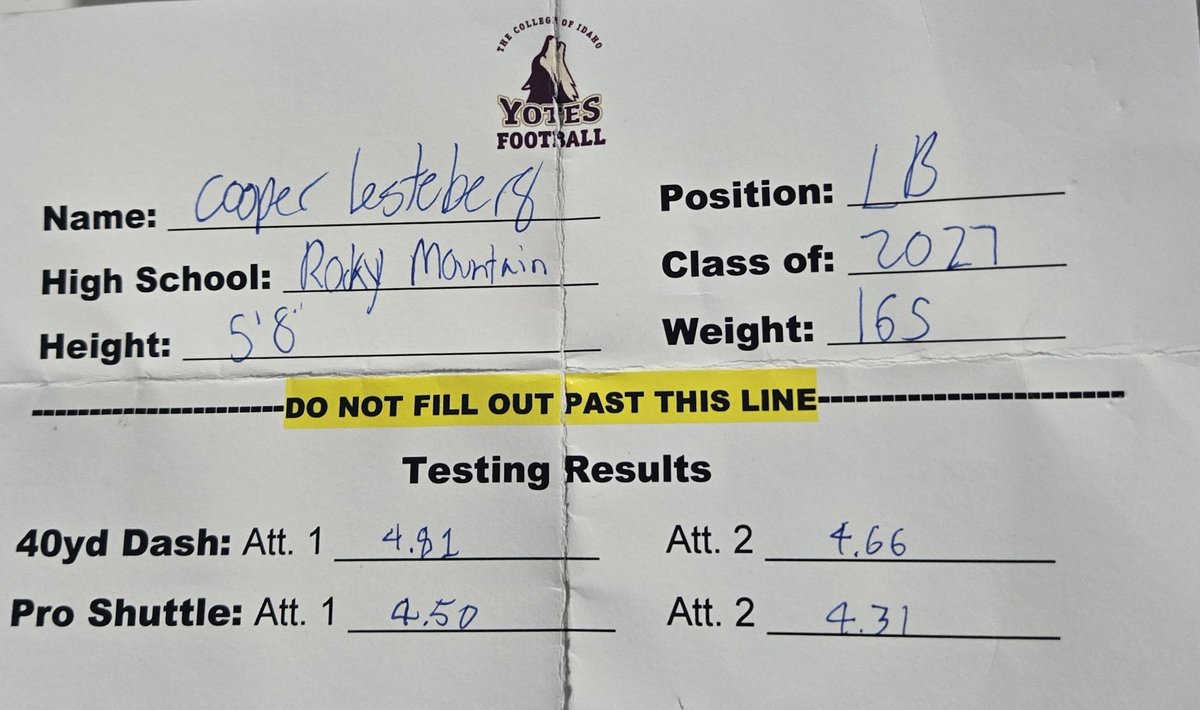 CoopLesteberg27's tweet photo. Happy to share my results from the College of Idaho skills camp today. Big thanks to @CoachANelson04 &amp; @CoachJewell for the opportunity to be coached and showcase skills at LB today. Looking forward to developing in football and track this summer. Go Yotes! @IdahoRecruitHub https://t.co/1y9qkB4Afp