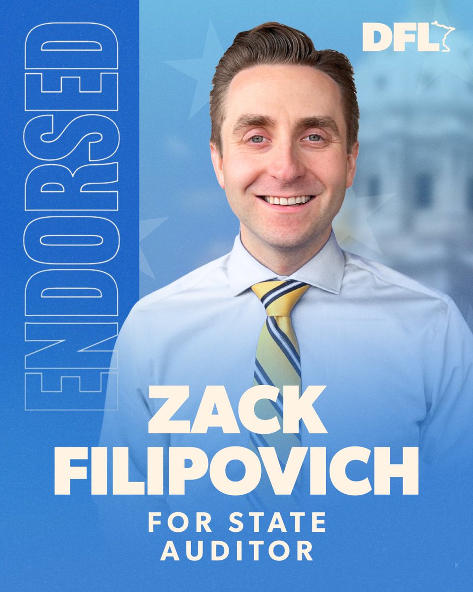 MinnesotaDFL's tweet photo. Ready on day one to support Minnesota's local governments, from our smallest townships to our biggest cities.

Zack Filipovich is Minnesota DFL-endorsed for State Auditor! 🎉 https://t.co/bj5q7Xxfbi