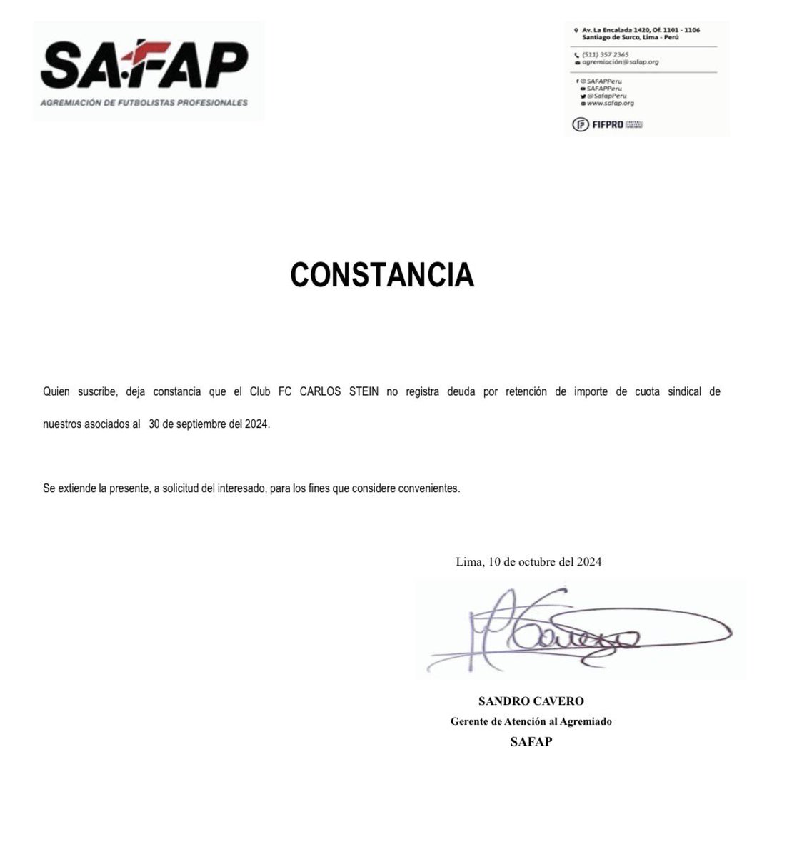 Casariego_LF's tweet photo. Hace unos días #Safap comunicó, a la administración del Club Carlos Stein, que poseía deudas del año 2023.
Cuando la nueva administración adquirió el club, en el 2024, Safap confirmó el estado de “no adeudo” , en siguiente documento.
¿De qué estamos hablando?
#liga3 #fpf https://t.co/ONHgVkkvsh