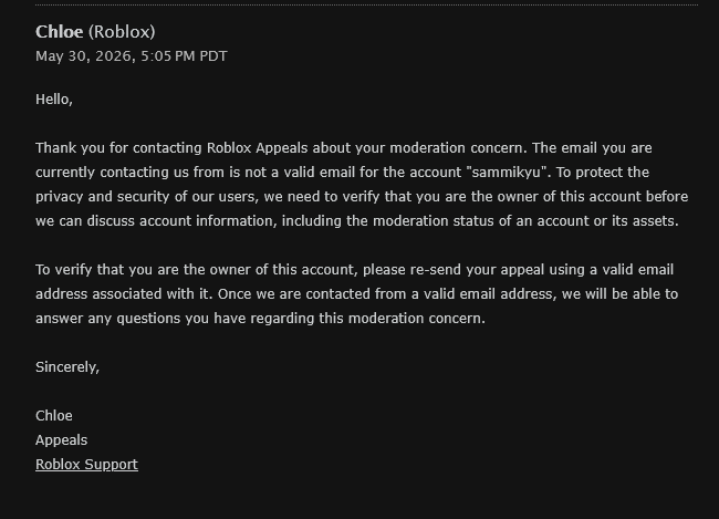 archangehl's tweet photo. @Roblox This really gets to a point.
My username is sammikyu, and I am tired of this. I kindly ask you to unban me.
Please look at my Twitter post about my situation:
https://t.co/aRyMKqOPTk
#roblox #robloxsupport #robloxdev #robloxmoderation https://t.co/lgOhLsSuId