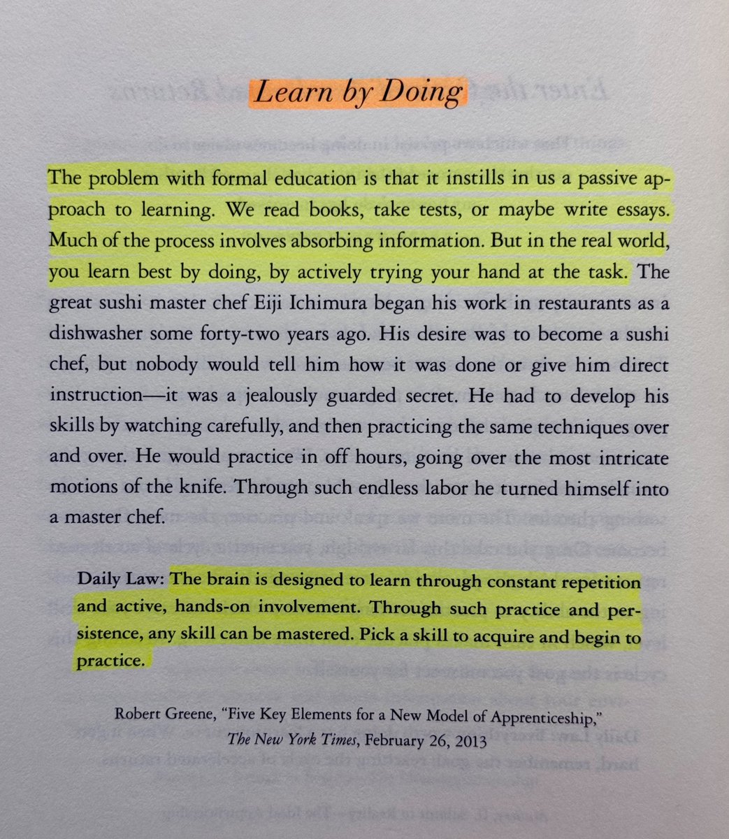 readswithravi's tweet photo. Robert Greene: Learn by Doing.

“The brain is designed to learn through constant repetition and active, hands-on involvement. Through such practice and persistence, any skill can be mastered.” https://t.co/z2s7oFrycD