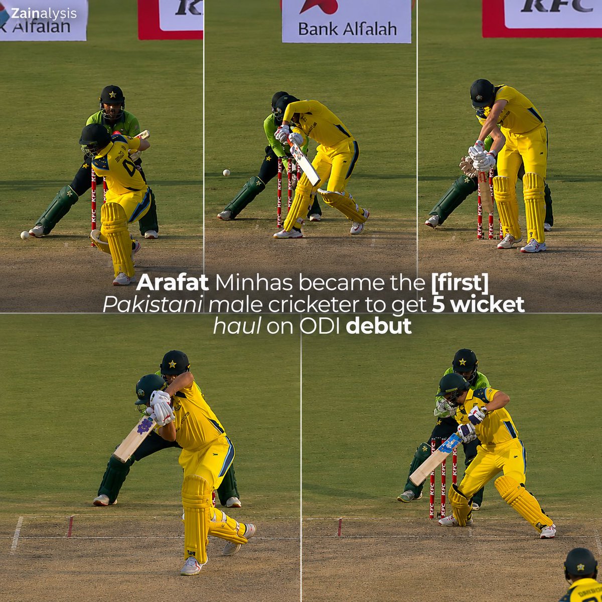 zainalysis's tweet photo. Heard someone made his ODI debut today and absolutely ripped through the record books. 

If you watched the game, you must have seen that 10 over spell from Arafat Minhas. It was a complete masterclass in left arm spin bowling.

Did you see those dismissals?

Did you see the different release points?

Did you see the flight he gave the ball?

Did you notice the late dip right in front of the batter?

Did you watch that beautiful drift bringing the batter across?

Did you notice the revolutions he was putting on the ball?

Did you see how hard he was spinning it?

Everything about that spell screamed quality.

This was not a bowler simply bowling to a field. This was a bowler setting batters up, manipulating their movements, changing trajectories, and making them play shots on his terms.

And then comes the historical part.

He picked up 5 wickets during this course. 

In the entire history of ODI cricket, there have been only 16 instances of a bowler taking a five wicket haul on debut.

Arafat Minhas is the first spinner ever to achieve it.

The previous 15 were all fast bowlers.

A debut to remember.

A spell to study.

A record that now belongs to him alone.

#PAKvAUS #ArafatMinhas