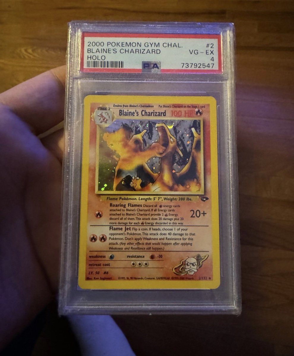 Ren_zilla's tweet photo. @TRocketsMimikyu Agree. It’s my 2nd Favorite Zard! My hear t is very loyal to a card I pulled as a kid and then graded as an adult.  Still not sure why it only got a 4. But Blaine’s Charizard is my goat! https://t.co/cPvBi7Pxnp