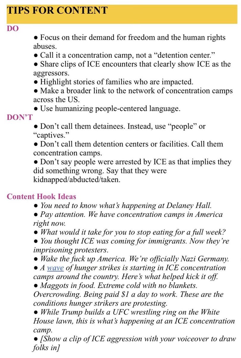 ImMeme0's tweet photo. HOLY SH*T! 

Leaked “Do’s and Don’ts” show paid left-wing influencers are being handed talking points on Delaney Hall, complete with instructions on how to frame ICE and push anti-Trump administration propaganda.

DO
• Focus on their demand for freedom and the human rights abuses.
• Call it a concentration camp, not a "detention center."
• Share clips of ICE encounters that clearly show ICE as the aggressors.
• Highlight stories of families who are impacted.
• Make a broader link to the network of concentration camps across the US.
• Use humanizing people-centered language.

DON'T
• Don't call them detainees. Instead, use "people" or "captives."
• Don't call them detention centers or facilities. Call them concentration camps.
• Don't say people were arrested by ICE as that implies they did something wrong. Say that they were kidnapped/abducted/taken.