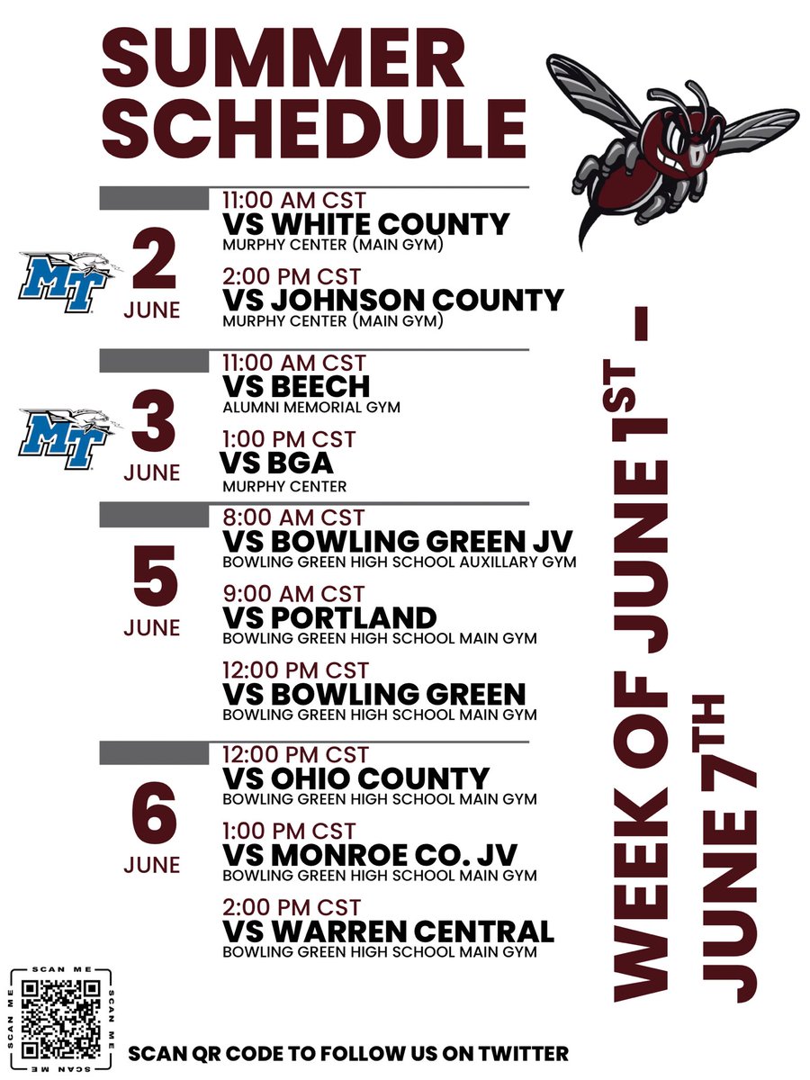 mchsladyhornets's tweet photo. Here is our schedule for June 1st - 7th.
Our varsity team heads down to Middle Tennessee State University on Tuesday and Wednesday for team camp. Then our JV and varsity teams head over to BGHS on Friday and Saturday for games.
#LadyHornets #AttitudeEnergyEffort #WeOverMe https://t.co/vH3XTN5pnj