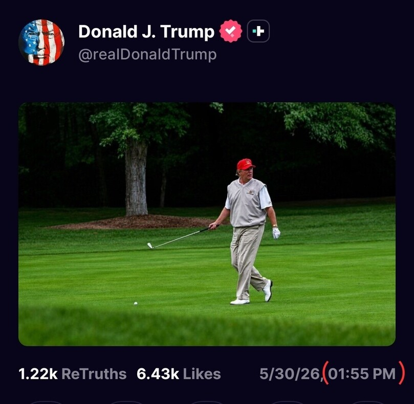 7thDean's tweet photo. President Trump's Truth is a picture of himself walking on a green fairway up to what appears to be his final approach shot to the green with the timestamp of 1:55 PM EST

Q 155
_Conf_D-TT_^_v891_0600_yes
_green1_0600👈🔥🔥
Bunker Apple Yellow Sky [… + 1] 
Yes
Godspeed.
Q

Looks like President Trump is coming in for the final approach for the green, 'aka' GREEN LIGHT!🏌️‍♂️⛳🫡🔥🔥

Godspeed, now "CALL THE BALL" for the GREEN President Trump... LET'S GO! 😉🐸🙏🥳🥳