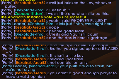 CartridgeBros's tweet photo. I filter out Competitive when searching for keys to pug because I just want to vibe.

We get the the last platform in a 12 Skyreach and some trash got overpulled. We wipe. This tank loses his mind before leaving the party.

Don't be like this person. https://t.co/0KkJD01NqI