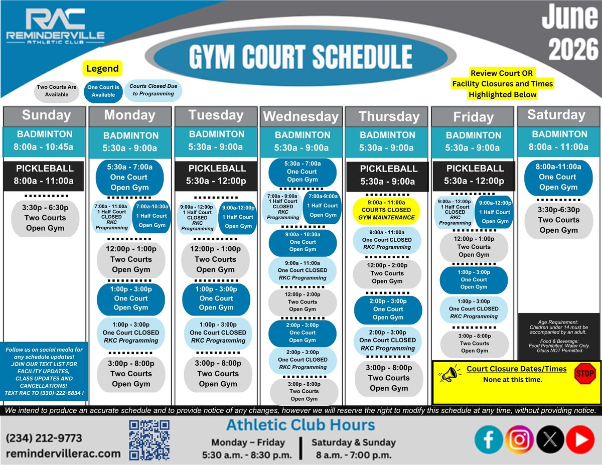 RemindervilleAC's tweet photo. June Gym Court Schedule!  

JOIN OUR TEXT LIST FOR FACILITY UPDATES, CLASS UPDATES AND CANCELLATIONS! TEXT RAC TO (330)-222-6834! https://t.co/viq0KkyWsp