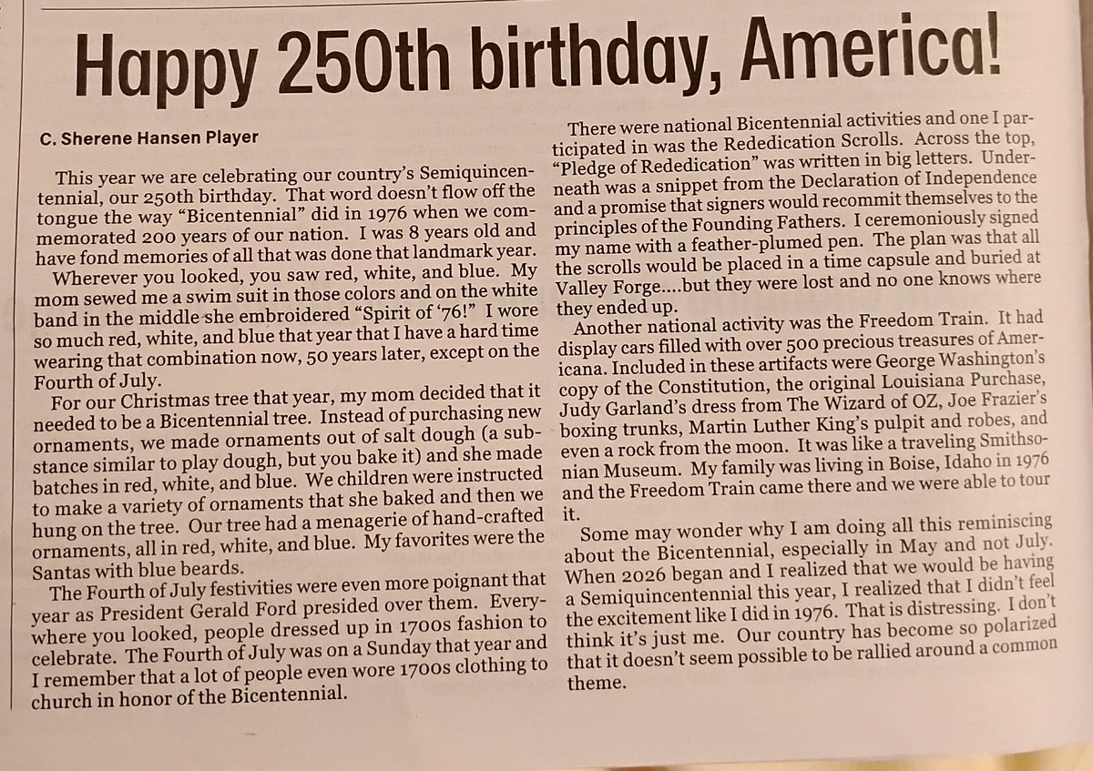 Sherene1968's tweet photo. @Orly_licious @ConservativaPol I was 8 during the Bicentennial. The contrast from 1976 to 2026 is immense.
I write a monthly column for my town's newspaper and wrote my last one on this exact topic.
See below https://t.co/2aeU7pphPe
