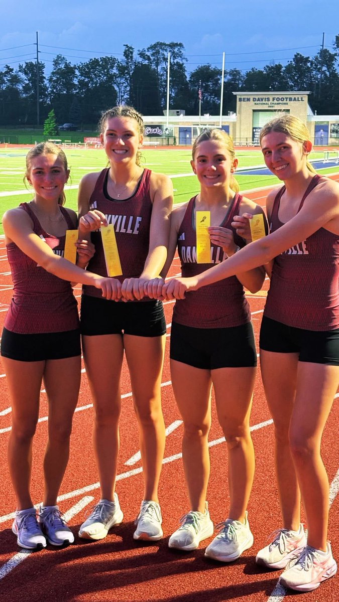 Danville_Track's tweet photo. Finally… Addy Cline, Jill Conrad, Abbie Creviston, and Casey Hummel: the best 4x4 team to ever toe the line for the Lady Warriors!

These ladies ripped a 4:02.05 to shatter their own record from 2025 and take 4th place!

Just barely missed a callback to State; fuel for the fire! https://t.co/6cAlsnwYbh