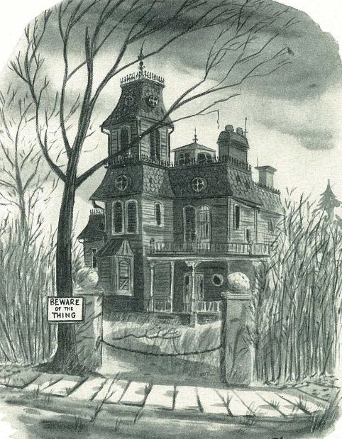 ClubHaunt's tweet photo. “Beware of the Thing!” The Addams Family Mansion as seen in an issue of The New Yorker Magazine by artist Charles Addams. 
#AddamsFamily #HauntedHouse #HorrorCommunity https://t.co/Cj1DE22NaN
