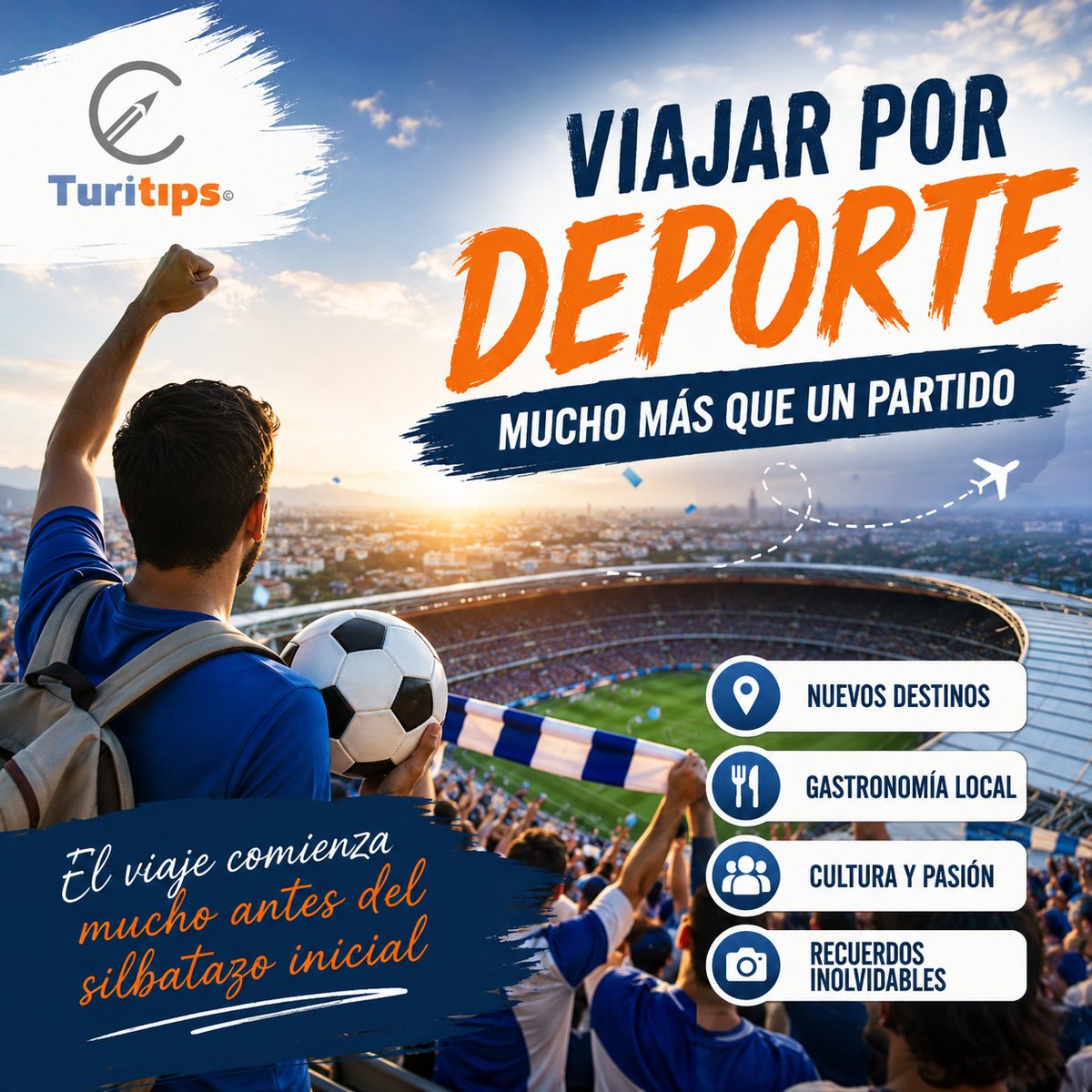 turitipsmx's tweet photo. ⚽ Viajar por deporte ya no significa solamente ver un partido.

Significa conocer ciudades nuevas, probar comida distinta y compartir experiencias inolvidables.

Porque a veces el mejor recuerdo ocurre fuera del estadio 🌎

¿Viajarías por un evento deportivo?

#Turitips https://t.co/HRU88uzDkV