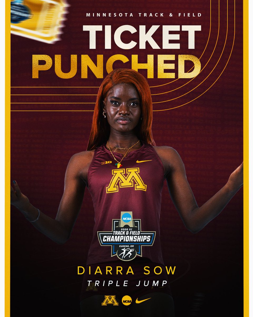 GopherCCTF's tweet photo. One final ticket to @TrackTownUSA ‼️ 🎟️🥊 Diarra Sow earns her 3rd career bid to the #ncaaTF Championships with a 13.57m (44-6 1/4)!

The mark, aided by a +2.6 m/s tailwind, is the second best triple jump in program history!! #SkiUMah https://t.co/wdlkmIRnuw
