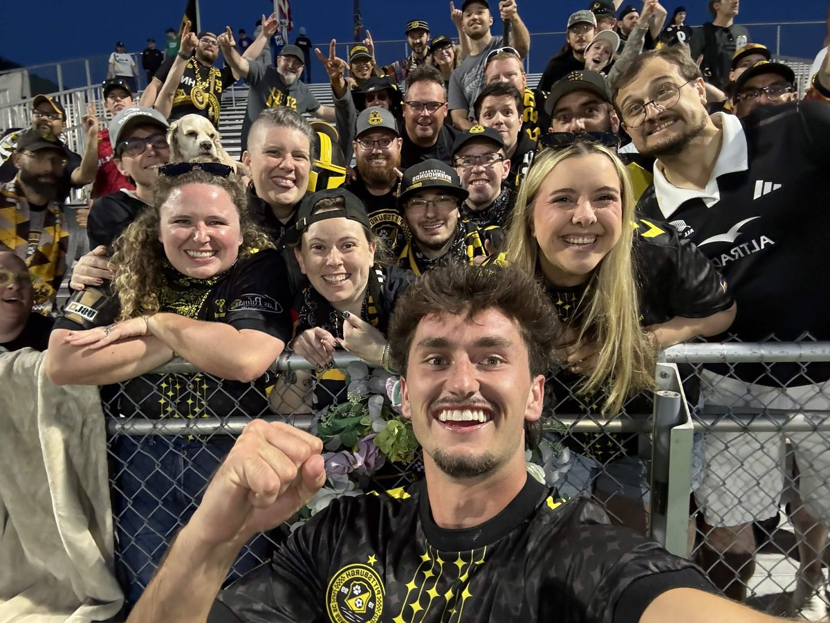 SteelArmy's tweet photo. Your Pups at the Pitch (and in the Paul Child Stand) Victory Selfie, featuring Charles Ahl!

#UNLEASH https://t.co/s3nC7zgMs8