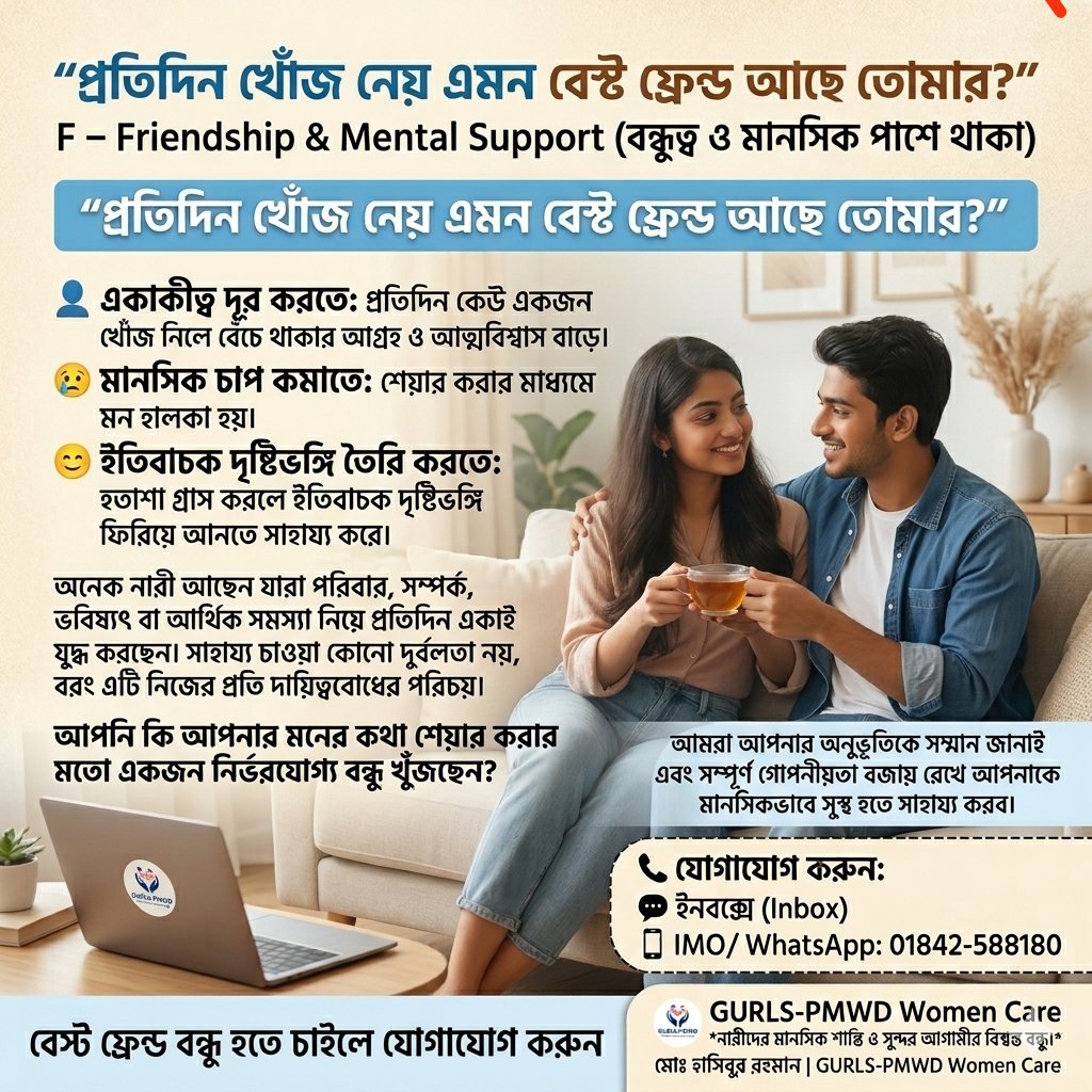 Hasibseoexper's tweet photo. **"প্রতিদিন খোঁজ নেয় এমন বেস্ট ফ্রেন্ড আছে তোমার?"** F – Friendship &amp; Mental Support (বন্ধুত্ব ও মানসিক পাশে থাকা)
**"প্রতিদিন খোঁজ নেয় এমন বেস্ট ফ্রেন্ড আছে তোমার?"**
আজকের ব্যস্ত জীবনে আমাদের ফেসবুক বা সোশ্যাল মিডিয়ায় হয়তো হাজারটা ফ্রেন্ড থাকে। কিন্তু দিনশষে যখন মনটা খারাপ https://t.co/MY7rwVitJm