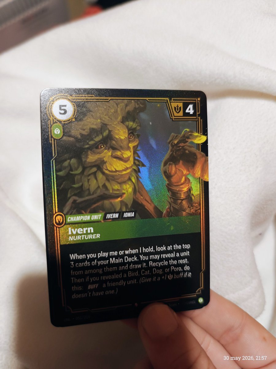 Ivernnator's tweet photo. Today I bought a pack of Riftbound just because I love the thrill of the surprise, and I got a foil version of Ivern 💚🍂🍃. I only had the regular version before, and now I have two in my collection 😌💚🍂. 
Oh, and a Rift Herald haha. https://t.co/IbsZwIXNMD