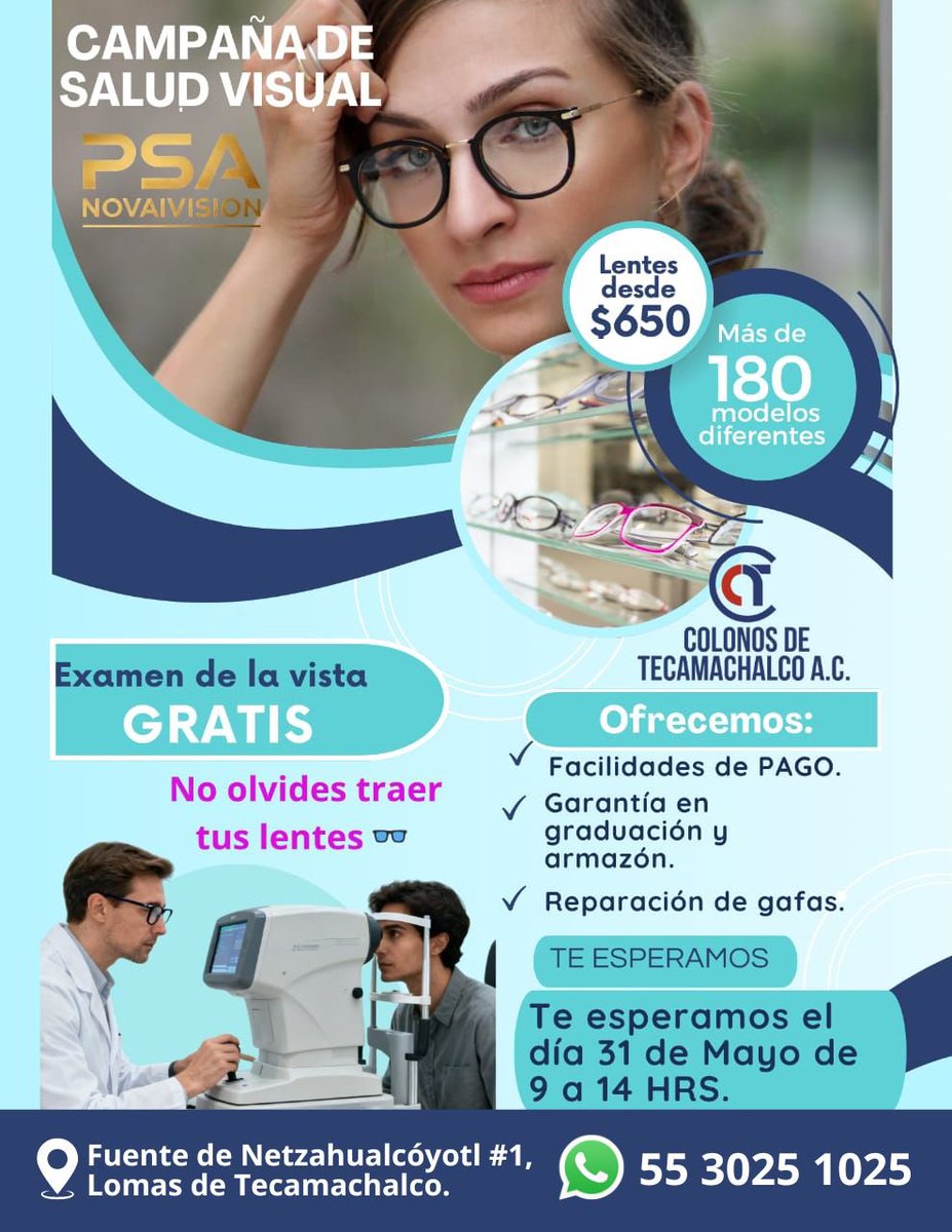 ColonosTK's tweet photo. Te invitamos a aprovechar esta Campaña de Salud Visual pensada para nuestros vecinos y familias de Lomas de Tecamachalco. A veces normalizamos molestias, cansancio visual o dolores de cabeza… y una revisión a tiempo puede hacer una gran diferencia. https://t.co/2O5shmENUt
