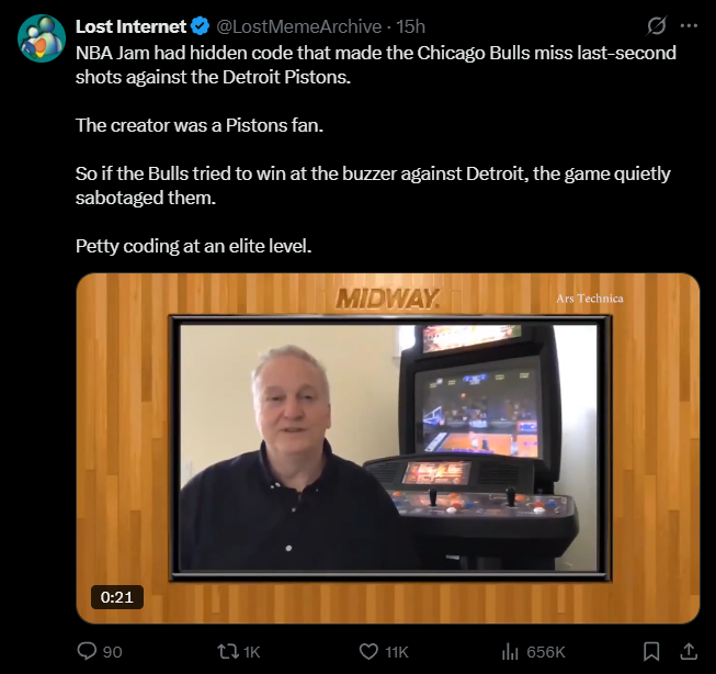 The_HappyLounge's tweet photo. ๐น๏ธ NBA Jam secretly made the Bulls miss buzzer beaters vs. Detroit
The creator was a Pistons fan. He coded it in deliberately
Cool fact: It shipped in millions of cabinets. Nobody caught it for years
Petty genius or breach of trust?
#NBAJam #Bulls #Pistons #Gaming https://t.co/FVy8Ng2zm3