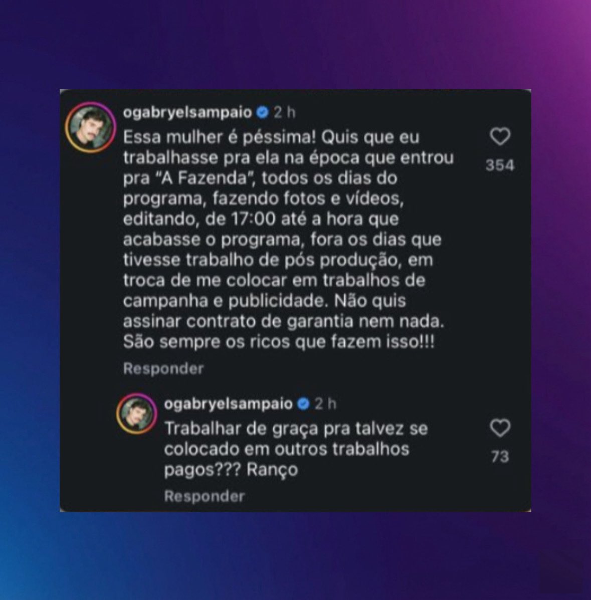poponze's tweet photo. Gabryel Sampaio, fotógrafo e filmmaker, acusa Adriane Galisteu de lhe oferecer trabalho sem remuneração:

“Essa mulher é péssima! Quis que eu trabalhasse pra ela na época que entrou pra ‘A Fazenda’. […] Não quis assinar contrato de garantia nem nada. Trabalhar de graça pra talvez ser colocado em outros trabalhos pagos? Ranço.”