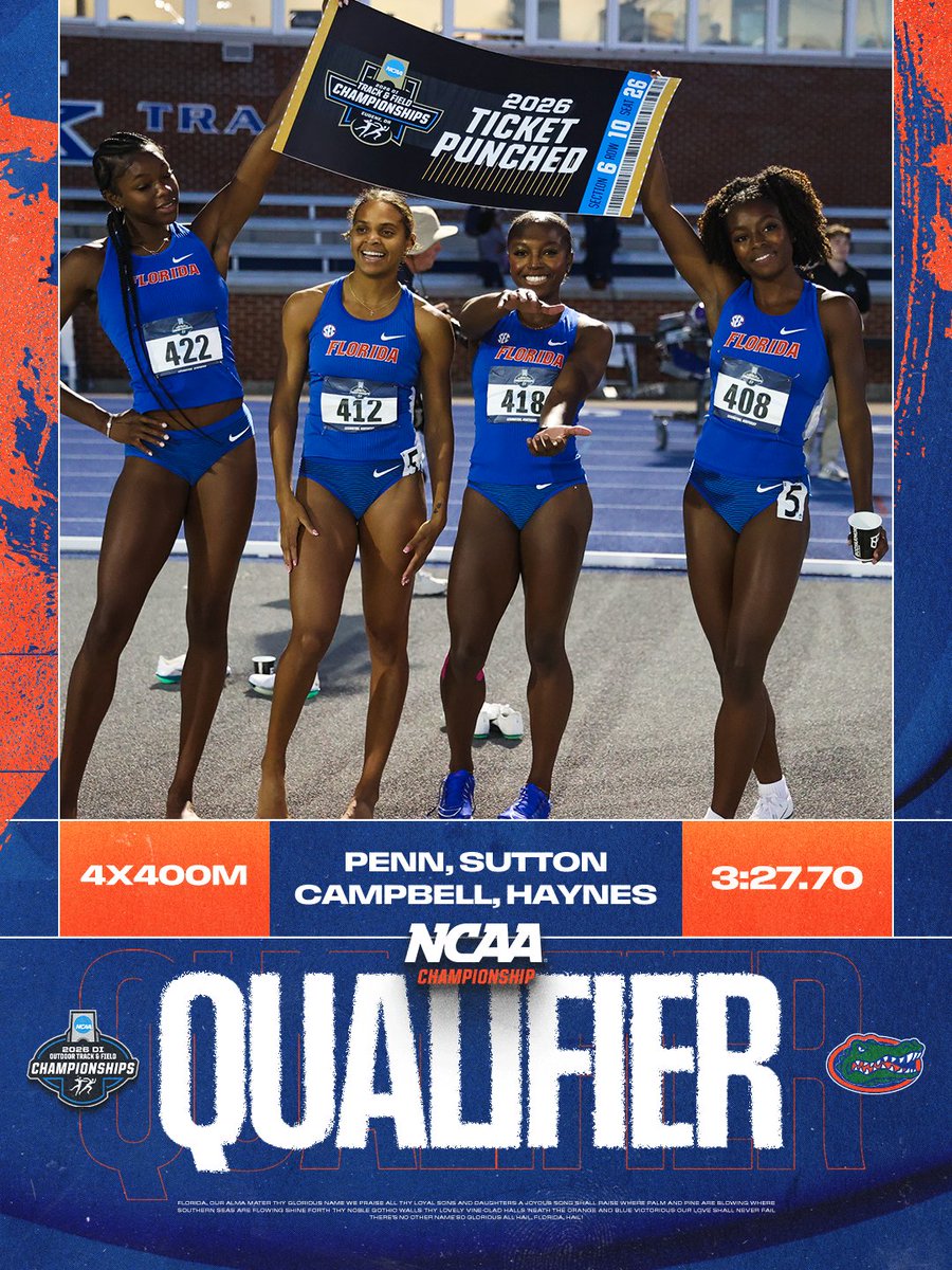 GatorsTF's tweet photo. NCAA East Preliminaries | 4x400m (W)

🐊 x 4⃣ = 🎟️ https://t.co/gcHEC61Ei5