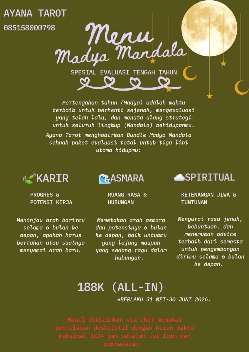 Littleclouds07's tweet photo. ☁️MENU SPESIAL MID-YEAR AYANA TAROT 

Ayana Tarot menghadirkan Bundle Madya Mandala, sebuah paket evaluasi total untuk tiga lini utama hidupmu 💚

Yuk pesan sekarang di kontak pada bio 🧘 

—jasa baca tarot reading trusted #bealanja https://t.co/fdaHDsp6pf