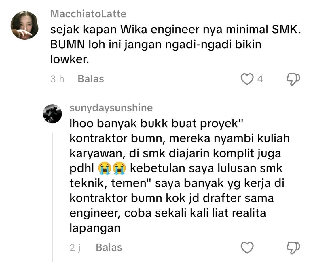 NissaChan4's tweet photo. Apakah benar di BUMN PT. Wijaya Karya, dan BUMN lainnya untuk menjadi seorang "Engineer" bisa memakai ijazah selevel SMK. Engineer ya bukan drafter. Silahkan pihak terkait memberikan penjelasan. https://t.co/TMABUIcM5z