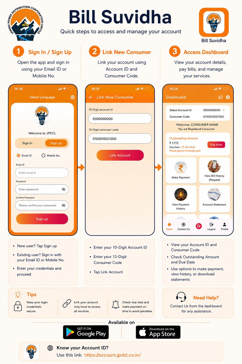 SadiqPoswal's tweet photo. Important update for JPDCL Consumers!
Link your mobile number with your Consumer ID to stay connected &amp; avoid power disruptions. 📱🔌
✔️ Get 3 prior alerts before disconnection
Update now via Bill Suvidha App or(https://t.co/PaAduXmOKZ) or nearest Subdivision https://t.co/Dq0De03fRv
