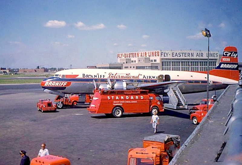 BraniffIntl's tweet photo. HIGH ALTITUDE BRANIFF - Braniff International Airways inaugurated new service from the US Mainland to Buenos Aires, Argentina, on May 29, 1950. The new service marked the next to the last inaugural of the original 7719-mile Latin America route awarded to Braniff in May 1946. The nonstop leg over the Andes Mountains between Lima, Peru, and Buenos Aires was 2,445 miles which was Braniff's longest route at the time.

Braniff Douglas DC-6 aircraft were operated between Lima, Peru, and Buenos Aires, once a week that connected with Rio de Janeiro, Brazil, to Dallas Love Field flights at Lima, Peru. The second flight operated from Dallas and stopped at Houston, Panama City/Balboa, and Lima, before continuing nonstop to Buenos Aires. For budget minded passengers, two Douglas DC-4 El Intercontinental Tourist Liner flights were offered between Dallas and Buenos Aires with intermediate stops at Houston, Texas; Havana, Cuba; Panama City/Balboa, Panama; Guayaquil, Ecuador; Lima, Peru; LaPaz, Bolivia, and Asuncion, Paraguay.

Braniff schedules to and from Buenos Aires on June 1, 1950, were as follows:

NEW!! Southbound - Douglas DC-6 El Conquistador

Dallas Love Field - Houston Municipal - Panama City/Balboa Tocumen - Lima Limatambo - Buenos Aires Ministro Pistarini

Flight 605 Depart DAL 210PM Arrive HOU 320PM Mo
Flight 605 Depart HOU 415PM Arrive PTY 1215AM Mo Meal Service
Flight 605 Depart PTY 105AM Arrive LIM 655AM Tu Meal Service
Flight 605 Depart LIM 740AM Arrive BUE 655PM Tu Meal Service Terminates

Passengers traveling from Chicago to Buenos Aires could take Flight 25 to Dallas Love Field, which stopped enroute at Kansas City and Oklahoma City, also providing those cities with two-day service to South America. The flight departed Chicago Midway at 230PM and arrived in Dallas at 725AM in plenty of time to connect with Flight 605 to Buenos Aires.
NEW!! Northbound - Douglas DC-6 El Conquistador
Buenos Aires Ministro Pistarini - Lima Limatambo - Panama City/Balboa Tocumen - Houston Municipal - Dallas Love Field

Flight 604 - The Douglas DC-6 departed Buenos Aires every Saturday at 935AM and flew nonstop to Lima's Limatambo Airport. Passengers were served a meal aloft before the flight arrived in Lima at 510PM. After a brief 40 minute time on the ground in Lima, the DC-6 departed at 550PM for the nonstop leg to Panama City/Balboa Tocumen Airport where it arrived at 1140PM. Before arrival a meal was served inflight. The flight was on the ground at Tocumen for 50 minutes before it departed for Houston at 1230AM on Sunday morning. Flight 604 flew nonstop and arrived Houston at 630AM and was only on the ground for 50 minutes before it flew the last leg to Dallas Love Field. Passengers were served a meal enroute before it arrived DAL at 830AM where it terminated.

Braniff offered one-way First Class fares between Dallas and Buenos Aires and were as follows:

Dallas - Buenos Aires

First Class - $579.00 USD

Houston - Buenos Aires
First Class - $565.00 USD

Panama City/Balboa - Buenos Aires
First Class - $407.00 USD
Lima - Buenos Aires
First Class - $220.00 USD

Total Douglas DC-6 travel time between Dallas and Buenos Aires was as follows:

Dallas - Buenos Aires
25 Hours 45 Minutes

Houston - Buenos Aires
23 Hours 40 Minutes

Panama City/Balboa - Buenos Aires
15 Hours 50 Minutes

Lima - Buenos Aires
9 Hours 15 Minutes

Photo 1: Braniff International Airways Douglas DC-6 registered as N90881 is readied for boarding at Chicago Midway Airport for its next flight in 1955. The big and luxurious Douglas Skyliner is painted in the 1949 Red and Blue El Conquistador Color Scheme with White Upper Fuselage, which was added in 1950 due to the sun heating up the cabin on hot days while parked on the ramp.

Photo 2: The new Buenos Aires schedules were featured in the June 1, 1950, Domestic and International Timetable. The front cover featured a large advertisement announcing the new service with a banner that stated, "From the USA to "BA." The famed El Conquistador emblem was placed on the lower part of the cover with an additional slogan, "Today in the USA, Tomorrow in the BA." A stylized route map depicted the route from the US Mainland to Buenos Aires via only two stops at Panama City and Lima.

Braniff Airways Foundation
Copyright 1926 2026

Photo 1: Photographer PatB, Copyright
Photo 2: Braniff Airways, Incorporated, Copyright
Braniff International Heritage Archives
Now Associated with The University of Texas at Dallas System
Braniff Airways Space Sciences Endowment

https://t.co/fkQs4q0OFL
https://t.co/dxaRBgJvxE
https://t.co/rurojxHifZ
https://t.co/fDvnT9QrE0