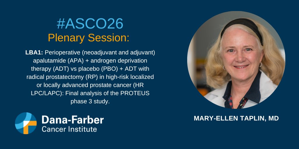 DanaFarberNews's tweet photo. Potentially paradigm-changing prostate cancer research presented in #ASCO26 plenary by @DanaFarber's Mary-Ellen Taplin, MD. PROTEUS study shows perioperative apalutamide in high-risk localized disease reduces risk of metastasis and death. @DanaFarber_GU

➡️ https://t.co/TfThI0Ruam