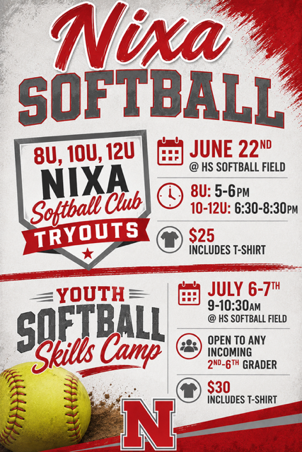 NixaSoftball's tweet photo. Register now for Nixa Eagles Youth Softball Tryouts! 🥎 8U: 5–6 PM 10U &amp; 12U: 6:30–8:30 PM June 22 at the HS Softball Field $25 (includes t-shirt) Sign up here: https://t.co/8zFjXyI5RA

Camp Registration Link: https://t.co/Qs5cqoEnf3 https://t.co/UzeVfOqpGY