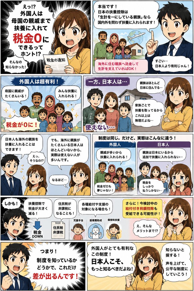hourousya2's tweet photo. えっ…マジでこれ？😱

外国人は母国の親族まで扶養に入れて税金0にできるのに、日本人はほぼ無理…

給付付き税額控除の議論が進む中、こんな制度のままってどう思いますか？

日本人こそ知るべき「制度の落とし穴」です。

#給付付き税額控除 #扶養控除 #外国人扶養 #税金 #日本人の不公平 https://t.co/syqdNxpZcQ