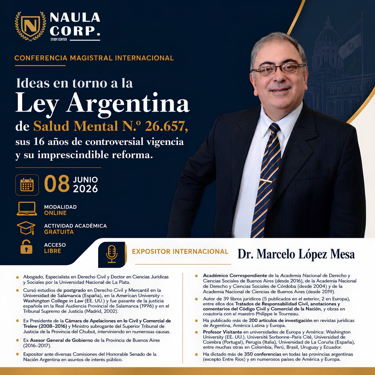 ab_cmn's tweet photo. 🌎⚖️ 𝐂𝐎𝐍𝐅𝐄𝐑𝐄𝐍𝐂𝐈𝐀 𝐈𝐍𝐓𝐄𝐑𝐍𝐀𝐂𝐈𝐎𝐍𝐀𝐋

🇦🇷 Dr. Marcelo López Mesa

📚 Ley Argentina de Salud Mental N.° 26.657: 16 años de vigencia y su necesaria reforma.

📅 08/06/2026
💻 Online
🔓 Gratuito
📲 +593 99 343 1182 https://t.co/EPdsEPzuFC