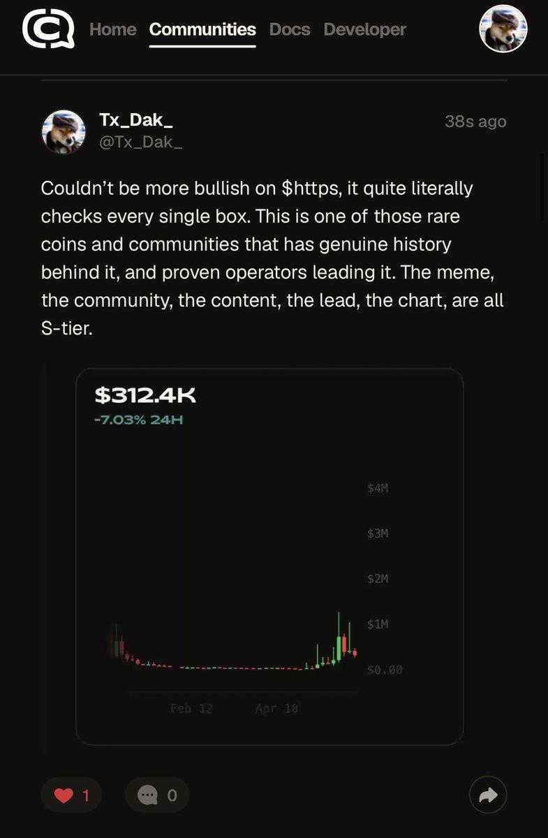 Tx_Dak_'s tweet photo. Made this post in the official $https @CoinComms page, and wanted to share it here. 

Couldn’t be more bullish on $https, it quite literally checks every single box. 

This is one of those rare coins and communities that has genuine history behind it, and proven operators leading it. 

The meme, the community, the content, the lead, the chart, are all S-tier.

I’ve held coins to 10m+ before and the journey upward is never easy, corrections do exist. 

But given all of the above factors, we will 100% overcome them and ascend past ATH’s.