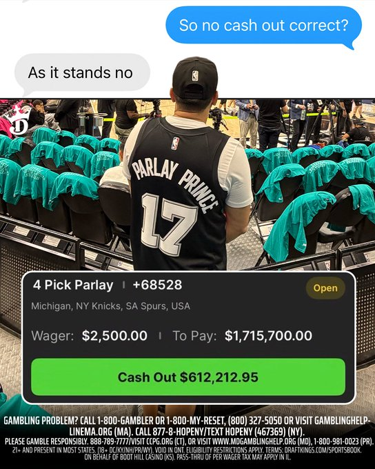 PatrickE_Vegas's tweet photo. 🚨 PARLAY PRINCE WINS HUGE💰

The @DKSports customer with the $2,500 four-leg futures parlay just cashed for $1.7 million on the Spurs' Game 7 victory to win the #NBA West Finals.

He skipped the $600K+ cashout and rode it all the way.

Quite a payday. What does DraftKings have to say about it? 👇