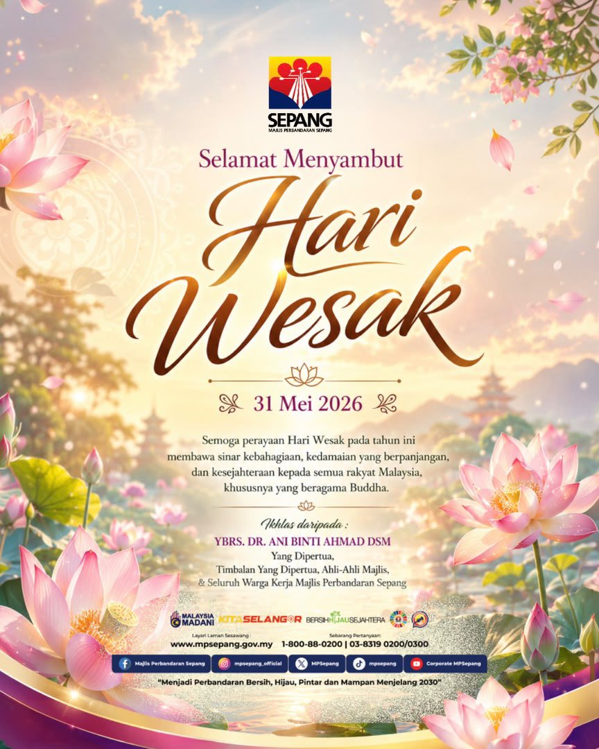 MPSepang's tweet photo. Selamat Menyambut Hari Wesak 2026.

Semoga perayaan ini membawa kebahagiaan, kedamaian dan kesejahteraan kepada seluruh rakyat Malaysia, khususnya penganut agama Buddha. https://t.co/6xIiFSD6QP