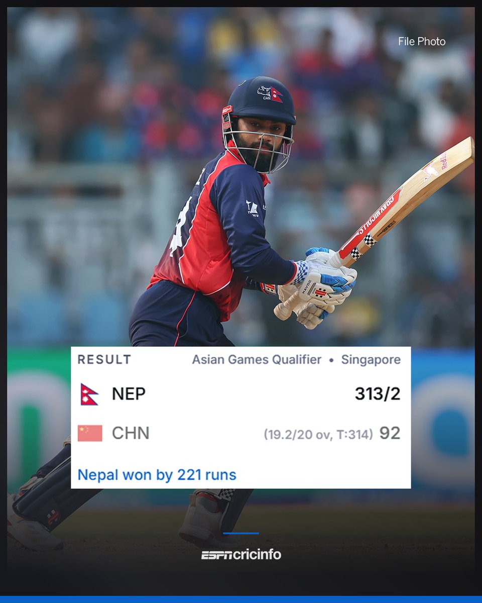ESPNcricinfo's tweet photo. Nepal's men's side begin the Asian Games Qualifiers with a huge win over China https://t.co/GvXZyK5lMW https://t.co/isquPAplII