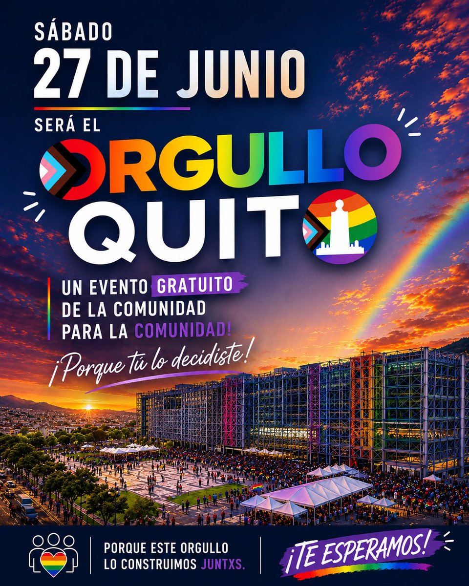 OrgulloQuito's tweet photo. 🌈🏳️‍⚧️🔥 Quito ya decidió.

El 69% de la comunidad LGBTIQ+ votó para que el #OrgulloQuito2026 se conmemore el sábado 27 de junio.

🏳️‍🌈 Porque el Orgullo Quito lo hacemos todxs.

👉 https://t.co/XPfeOmWsHm https://t.co/s5uUnzWOS4