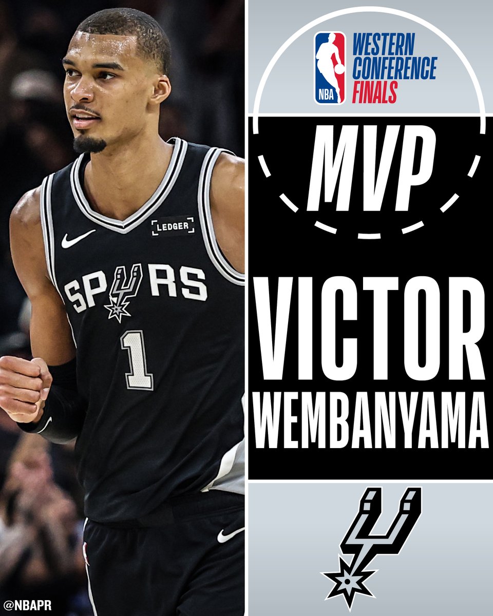 NBAPR's tweet photo. San Antonio Spurs forward-center Victor Wembanyama is the recipient of the Earvin “Magic” Johnson Trophy as the Most Valuable Player of the 2026 Western Conference Finals. https://t.co/cn0nE0tPFB