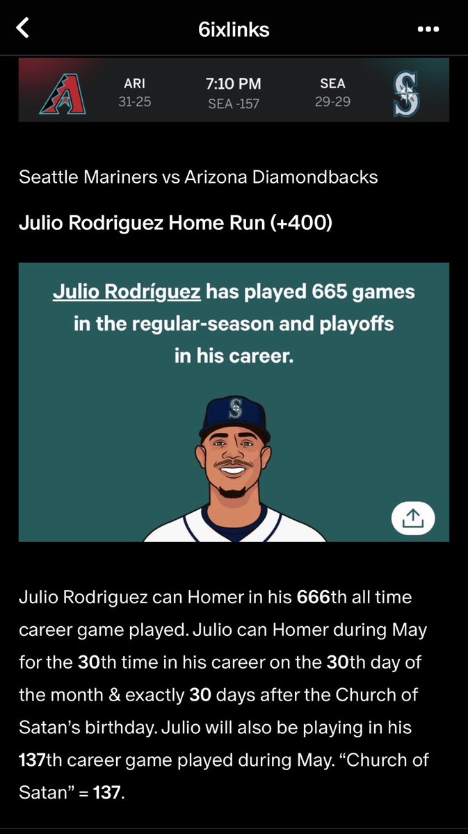6ixlinks's tweet photo. Julio Rodriguez Homers in his 666th game! 

Add him to the list. #Gematria👹⚾️ https://t.co/ty8BTU3qTz