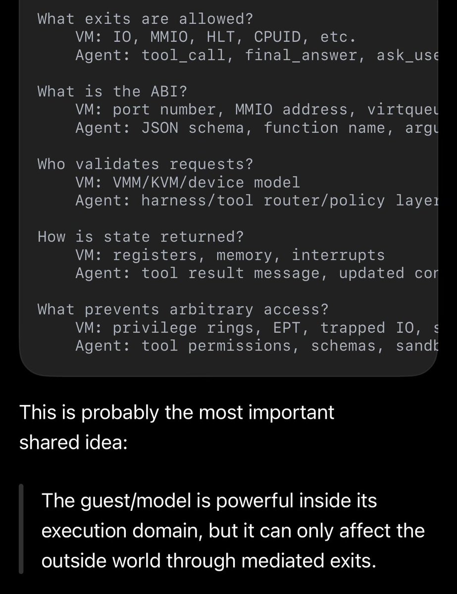 samlafer's tweet photo. Just realized that you can see agent harnesses as structurally similar to vmm, with tools being device models. https://t.co/YyDDwSQCO3