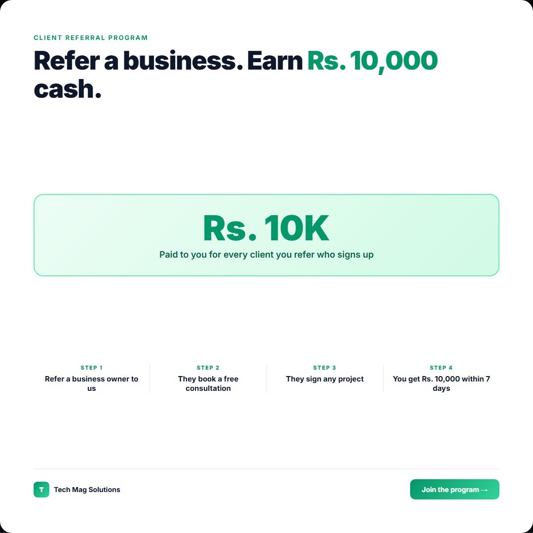 techmagsolution's tweet photo. Know a business owner who needs a website or AI system?

Refer them. They sign any project. You earn Rs. 10,000 within 7 days.

No cap. No expiry. No paperwork.

We've paid Rs. 350,000+ in referrals in 12 months.

Tag someone below.

#Referral #TechMagSolutions https://t.co/1ySFfvMHPZ