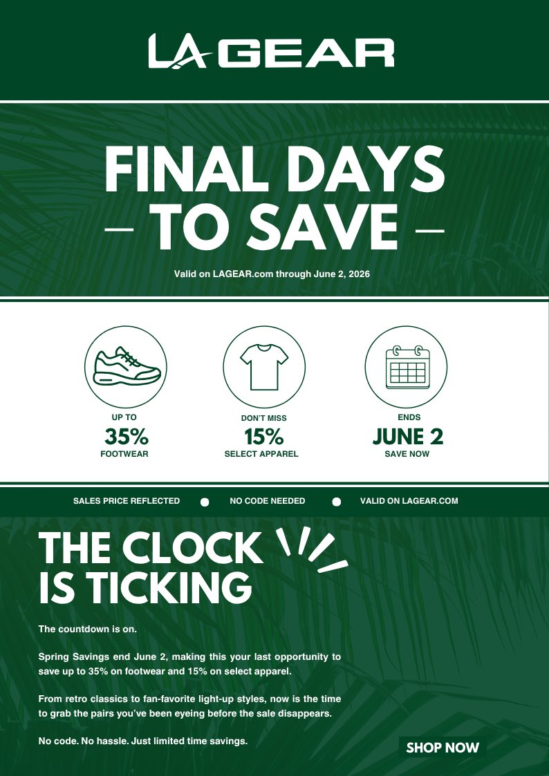 LAGear's tweet photo. FINAL DAYS 🚨

Your favorite LA Gear styles are still on sale, but not for long.

✔ Up to 35% off footwear
✔ 15% off select apparel

Ends June 2.

Shop before time runs out!

#LAGear #LAGearStyle #SneakerDeals #FootwearSale https://t.co/iKrePnEGlH