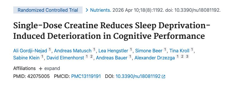 PerformanceProt's tweet photo. Sleep-deprived but still need to think clearly? 

A 2026 study found a single dose of creatine restored cognition by 12%

German researchers tested a single 0.35 g/kg dose of creatine monohydrate against placebo during 21 hours of sleep deprivation

Findings:
1. Cognitive performance 12% higher in the creatine group
2. Strongest effects in logic and language tasks
3. Women showed bigger gains than men (lower baseline stores)
4. Vegetarians responded more strongly (lower dietary intake)

Mechanism in plain English: 
- Your brain runs on ATP
- Sleep deprivation crashes neuronal ATP
- Creatine regenerates ATP faster

Protocol: 
- 3–5g daily is the evidence-based default
- 6-8 weeks before the effects kick in - stay consistent