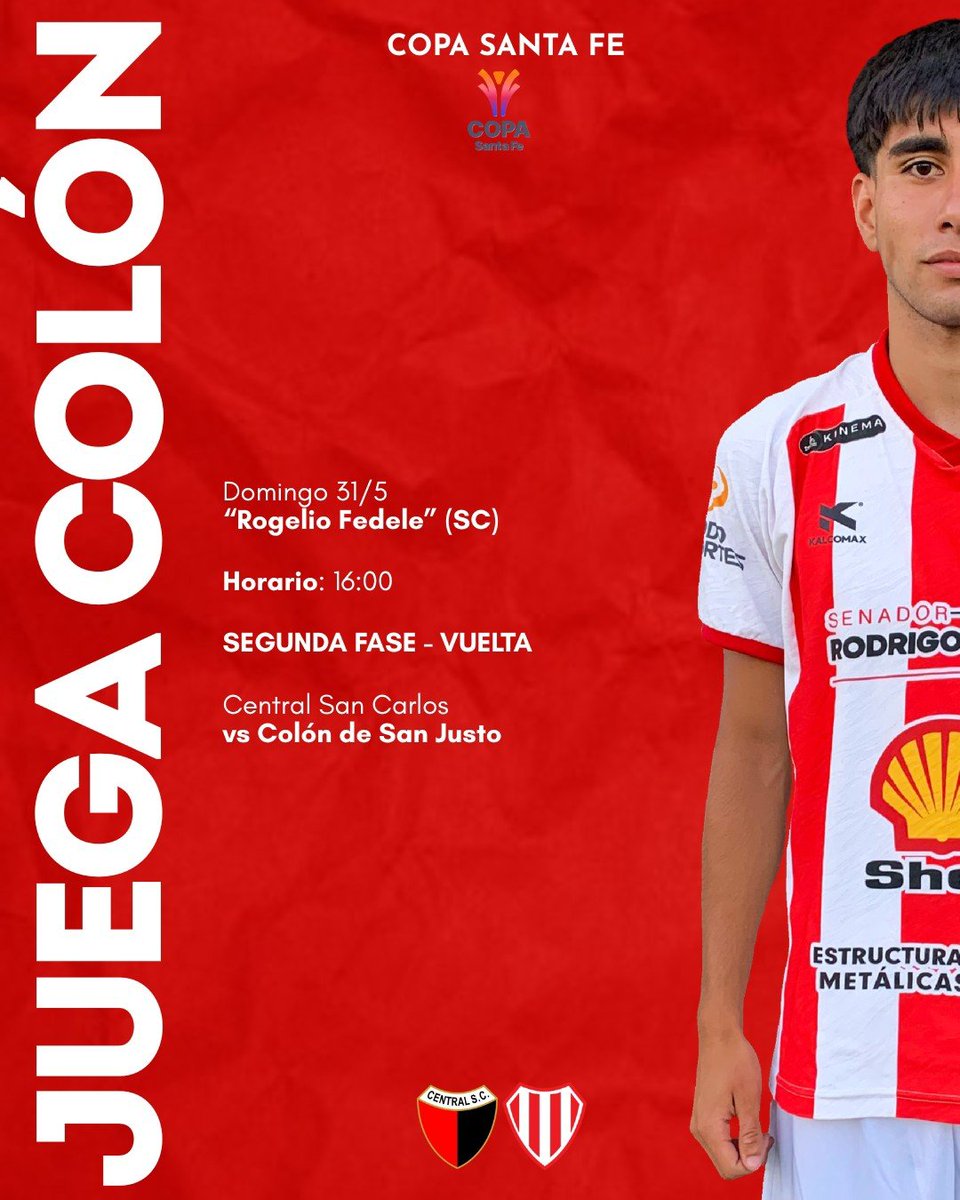 ClubColonSJ's tweet photo. 𝗖𝗢𝗣𝗔 𝗦𝗔𝗡𝗧𝗔 𝗙𝗘 - 𝗝𝗨𝗘𝗚𝗔 𝗖𝗢𝗟𝗢́𝗡 ⚽

🏆 Copa SF - Fase II - Vuelta
🗓️ Domingo 31/5
🕞 16 h.
🆚 Central San Carlos
🏟️ "Rogelio Fedele" - San Carlos 

#VamosRojo ⚔️🇦🇹 https://t.co/1HojP89VIn