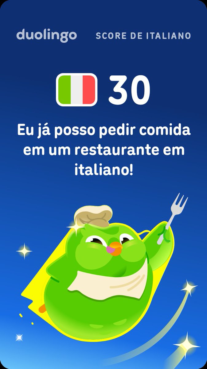 laercio_psc20's tweet photo. Meu Duolingo Score de italiano é 30! https://t.co/vhRhqIbwYR