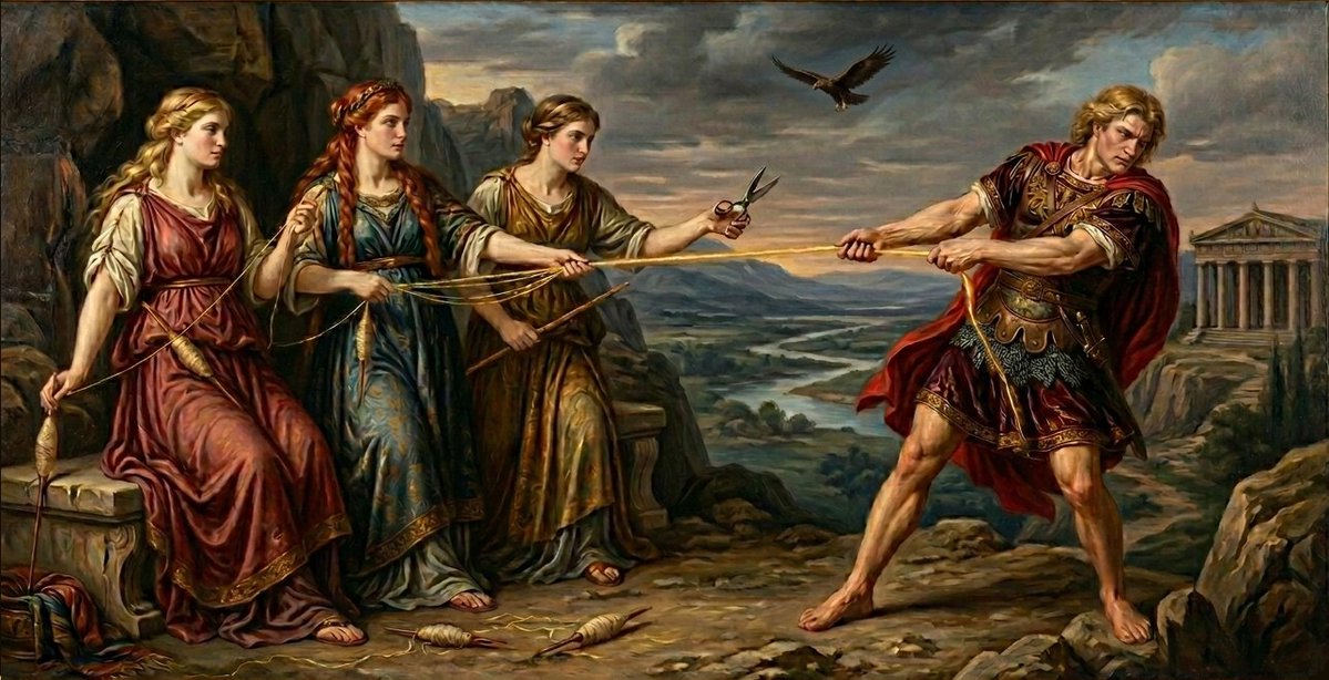 argdefender's tweet photo. El hombre peleando con los hados (Cloto, Láquesis y Átropos).
Esta era la cosmovisión grecorromana sobre el destino y sobre como este nos presenta eventos determinados en la vida, pero nosotros tomamos las decisiones que fijan el rumbo. Libre albedrío antes del judeocristianismo. https://t.co/zmU940h9mk