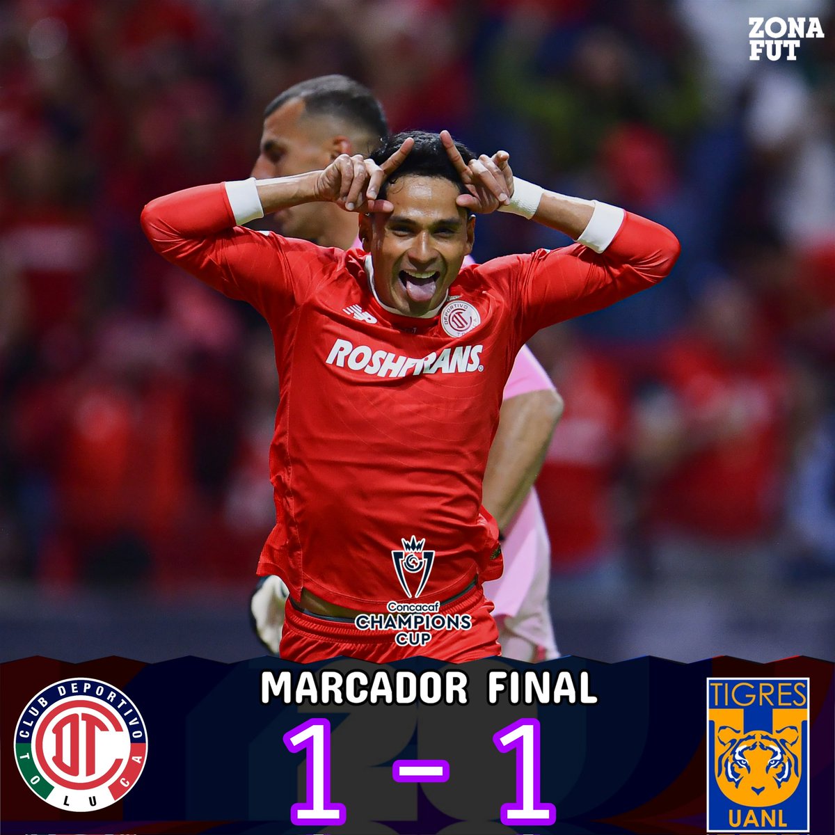 ZonaFUT1's tweet photo. ¡CAMPEÓN, ROJO CAMPEÓN!
#Concachampions | 👹 #TOL (6) 1-1 (5) #TIG 🐯
@TolucaFC en tanda de penales y en un juego aguerrido vence a @TigresOficial y se convierte en campeón de la @TheChampions
Goles:
👹 Díaz
🐯 Joaquím https://t.co/g1aQpbO13a