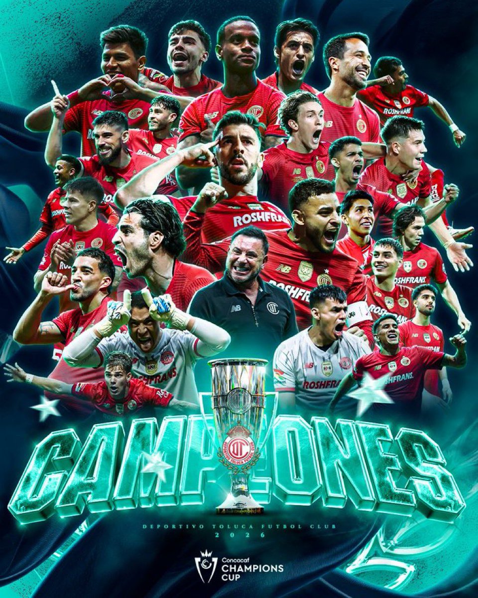 TvPlaymakers's tweet photo. 👹🏆 TOLUCA Campeón de Concacaf Champions Cup 2026. 

Después de cumplir en tiempos extras, se define en tanda de penales
bajo la batuta de Antonio MOHAMED. Los diablos rojos del Toluca ganan su tercer título. 

Final | Toluca 1-1 TIGRES 
Penales (6-5) 

#Playmakers https://t.co/dyHcf70vfT