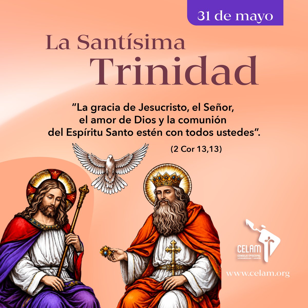 CelamWeb's tweet photo. ✨ En la Solemnidad de la Santísima Trinidad, abrazamos la gracia de Jesucristo, el amor del Padre y la comunión del Espíritu Santo. 🕊️

🙏 Que esta promesa guíe siempre nuestra tarea evangelizadora. https://t.co/h950iN6YOy