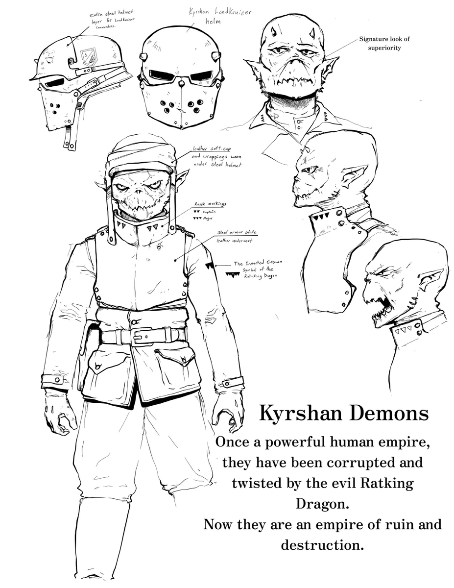 KrypTanko's tweet photo. The main enemy faction of my Landkruizer story: The Kyrshan Demons. They were once human, but have been corrupted by the evil Rat-King Dragon. 
As their corruption increases, the more their figure twists into a dragon-human form.

The higher demons that are further along in their corruption are able to use magic to hide their twisted form and appear as a normal human, which they use to infiltrate Coalition settlements and bases.
 However the trade off is that this gives off a faint cold aura in the immediate area and could alert specialized Knights of Trinity operatives on the side of the Coalition who train to detect and hunt down these infiltrators.

art by me, per usual.